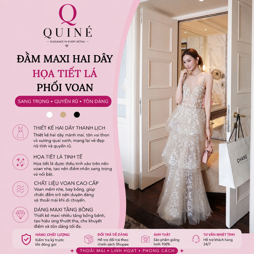 Đầm Maxi Hai Dây Họa Tiết Lá Phối Voan Cao Cấp - Váy Maxi Đi Biển Tôn Dáng Thanh Lịch Du Lịch, Nghỉ Dưỡng Cho Nữ