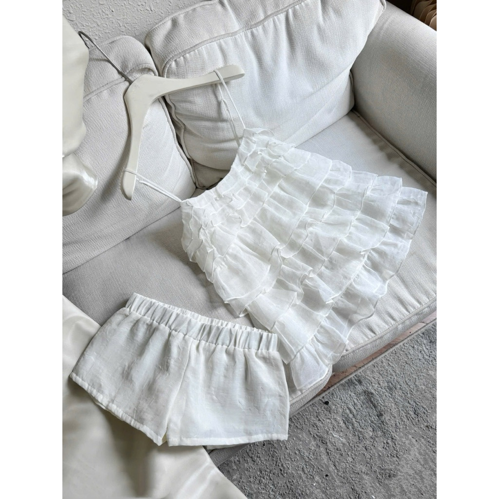 Set babydoll Màu Trắng Chất Liệu Vải Line Tay Xoè Bồng Phong Cách Tiểu Thư Đi Chơi Dễ Thương Sang Trọng - TY CLOTHING