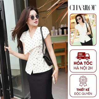 Áo Peplum Chấm Bi Kem/Nâu Charllot Cao Cấp Outfit Công Sở Vintage Thanh Lịch Chất Crepe MISU