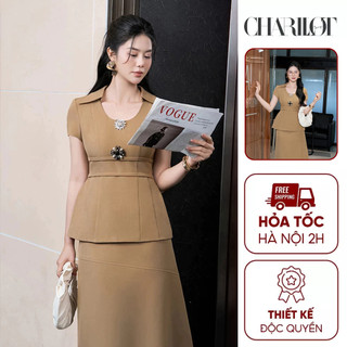 Set Công Sở Nữ CHARLLOT Cách Điệu Tag Đá Kèm Chân Váy Nâu Be Thanh Lịch CL320