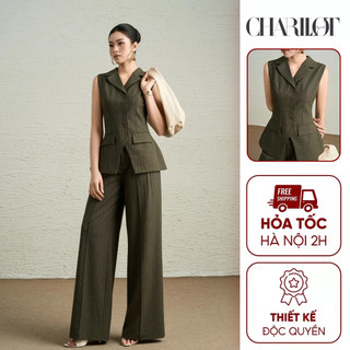 Áo Vest Quần Suông Kẻ Sọc Rêu MAYA Thiết Kế Charllot Suit Công Sở Nữ Chất Cashmere Ít Nhăn Tôn Dáng