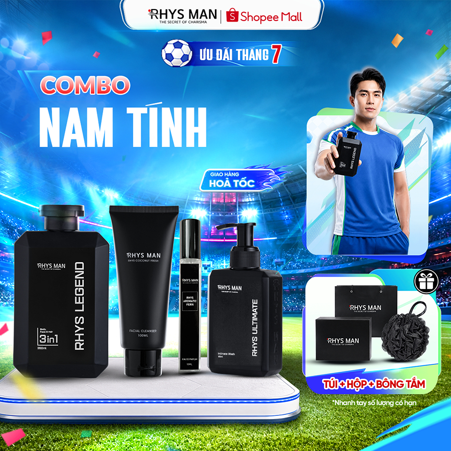 Combo Sữa tắm gội nam 3in1 & Sữa rửa mặt nam 100ml & Dung dịch vệ sinh 100ml & Nước hoa nam RHYS MAN