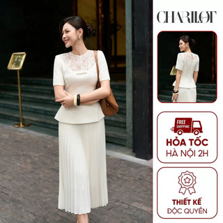 Áo Vest Nữ Cổ Ren Chân Váy Xếp Ly Charllot Chất Crepe Bộ Công Sở Tôn Dáng Đen/Nâu/Trắng