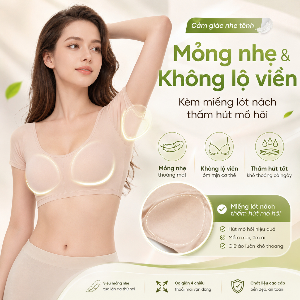 Áo Thấm Mồ Hôi Nách Nữ Có Sẵn Đệm Ngực, Thấm Hút Tốt, Hạn Chế Lộ Vệt Ẩm, Ngăn Mùi Hiệu Quả