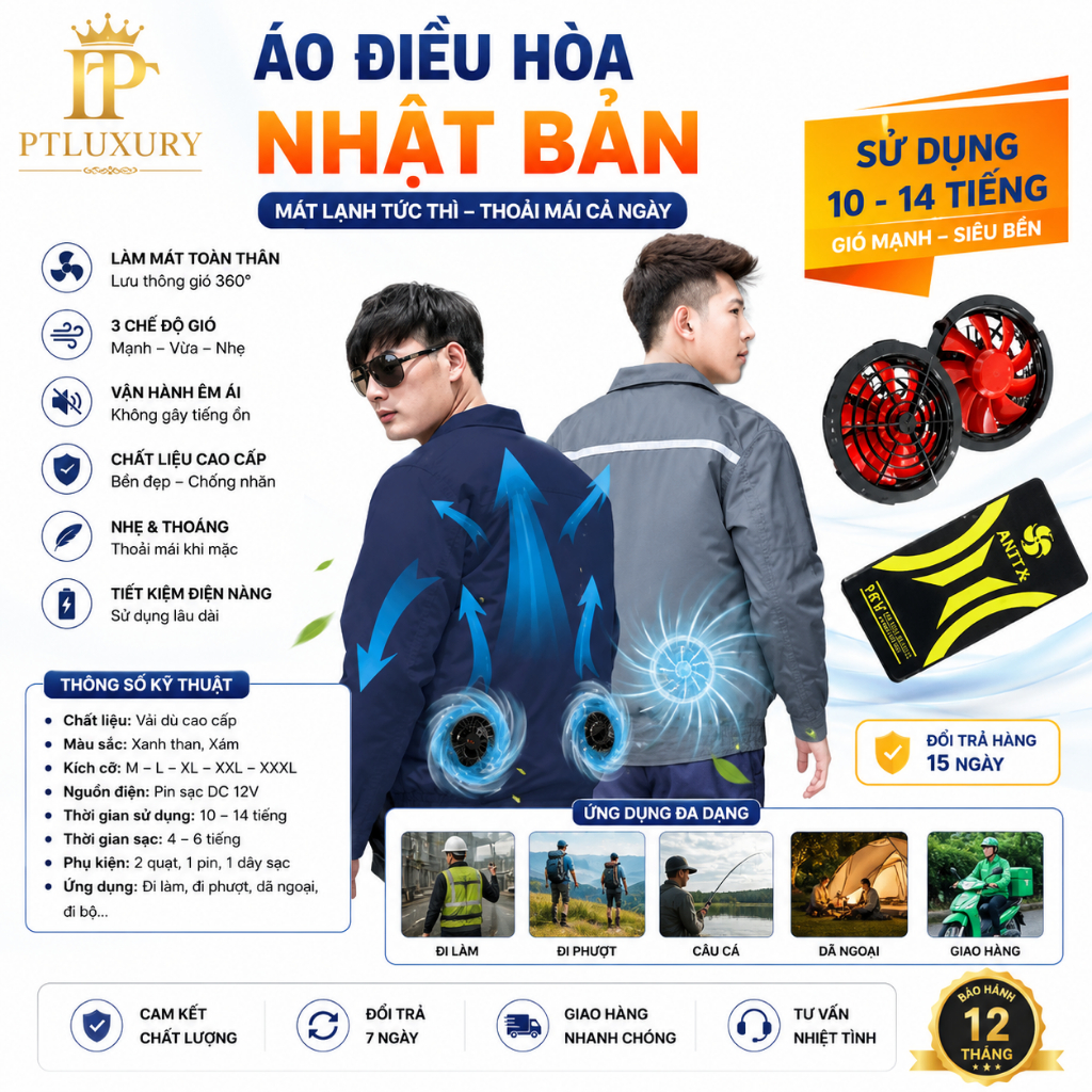 Áo điều hòa cao cấp Akita pin 18V 90000mAh, làm mát nhanh, sử dụng liên tục  12–14 giờ - CYAN