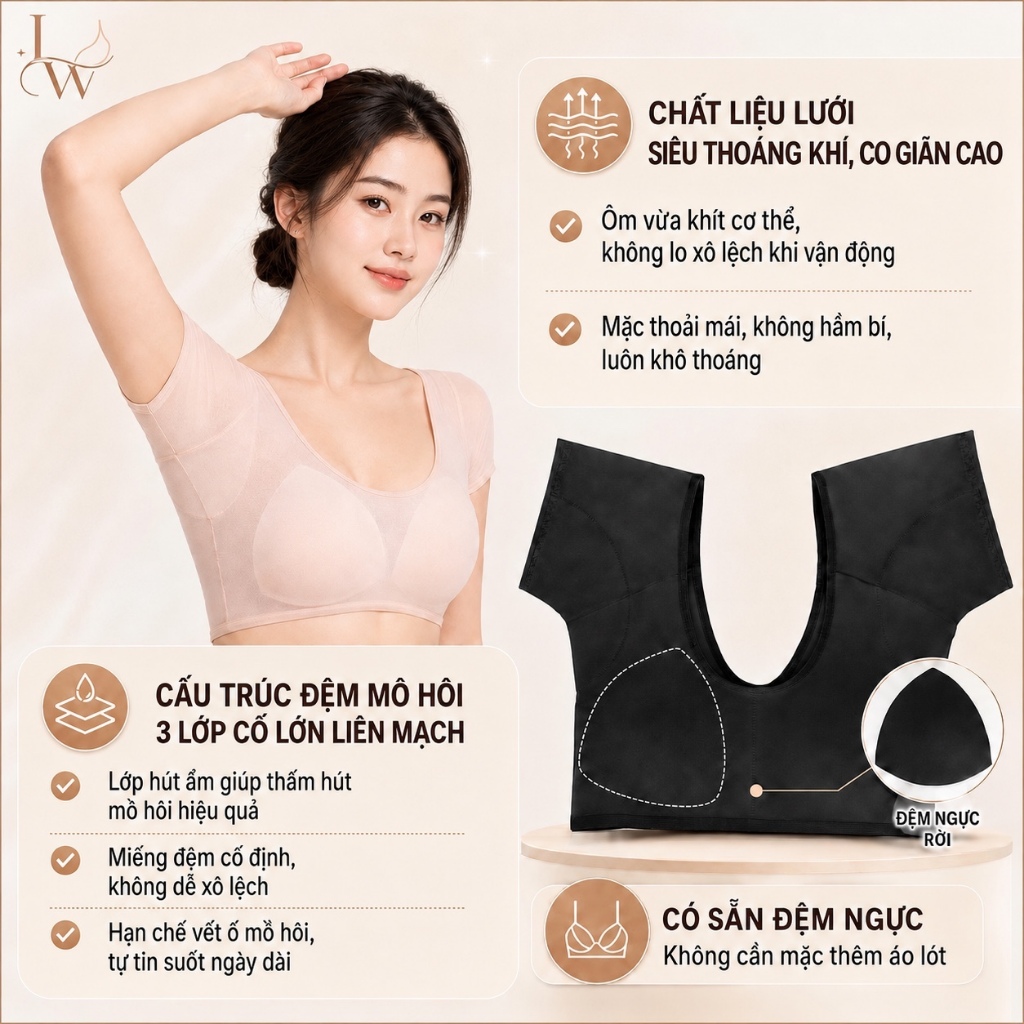 Áo Thấm Mồ Hôi Nách Nữ Có Sẵn Đệm Ngực, Thấm Hút Tốt, Hạn Chế Lộ Vệt Ẩm, Ngăn Mùi Hiệu Quả