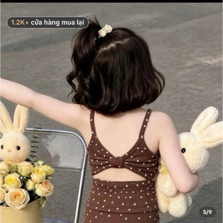 Set chấm bi nâu 2 dây quần ống loe cho bé từ 8-23kg