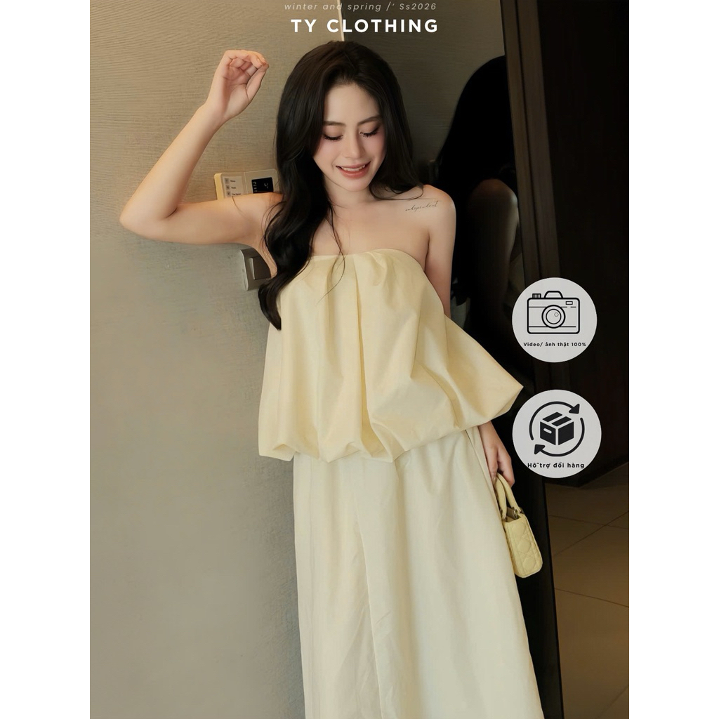 Set Nữ Xinh Đi Chơi Áo Quây Phồng Mix CV Dài Freesize Màu Be - Hàng Thiết Kế - TY CLOTHING