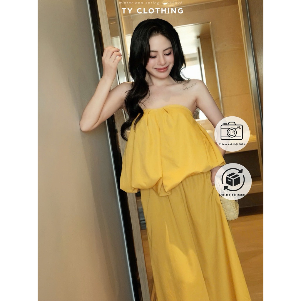 Set Nữ Xinh Đi Chơi Áo Quây Phồng Mix CV Dài Freesize Màu Vàng - Hàng Thiết Kế -TY CLOTHING