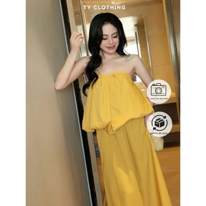 Set Nữ Xinh Đi Chơi Áo Quây Phồng Mix CV Dài Freesize Màu Vàng - Hàng Thiết Kế -TY CLOTHING