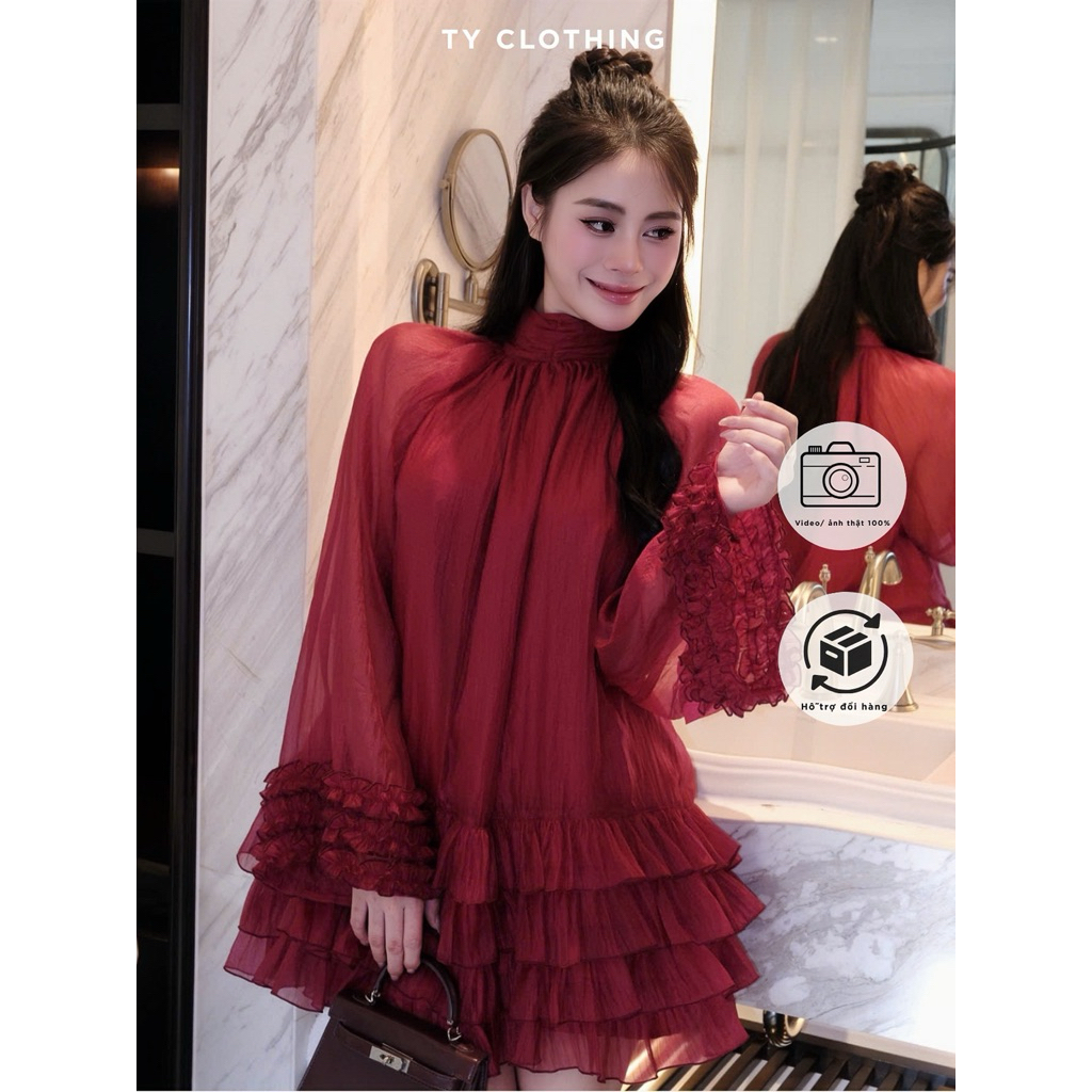 Váy voan tơ xốp tay xoè bồng tiểu thư đi tiệc sang chảnh - Đỏ Đô - Hàng Thiết Kế - TY CLOTHING
