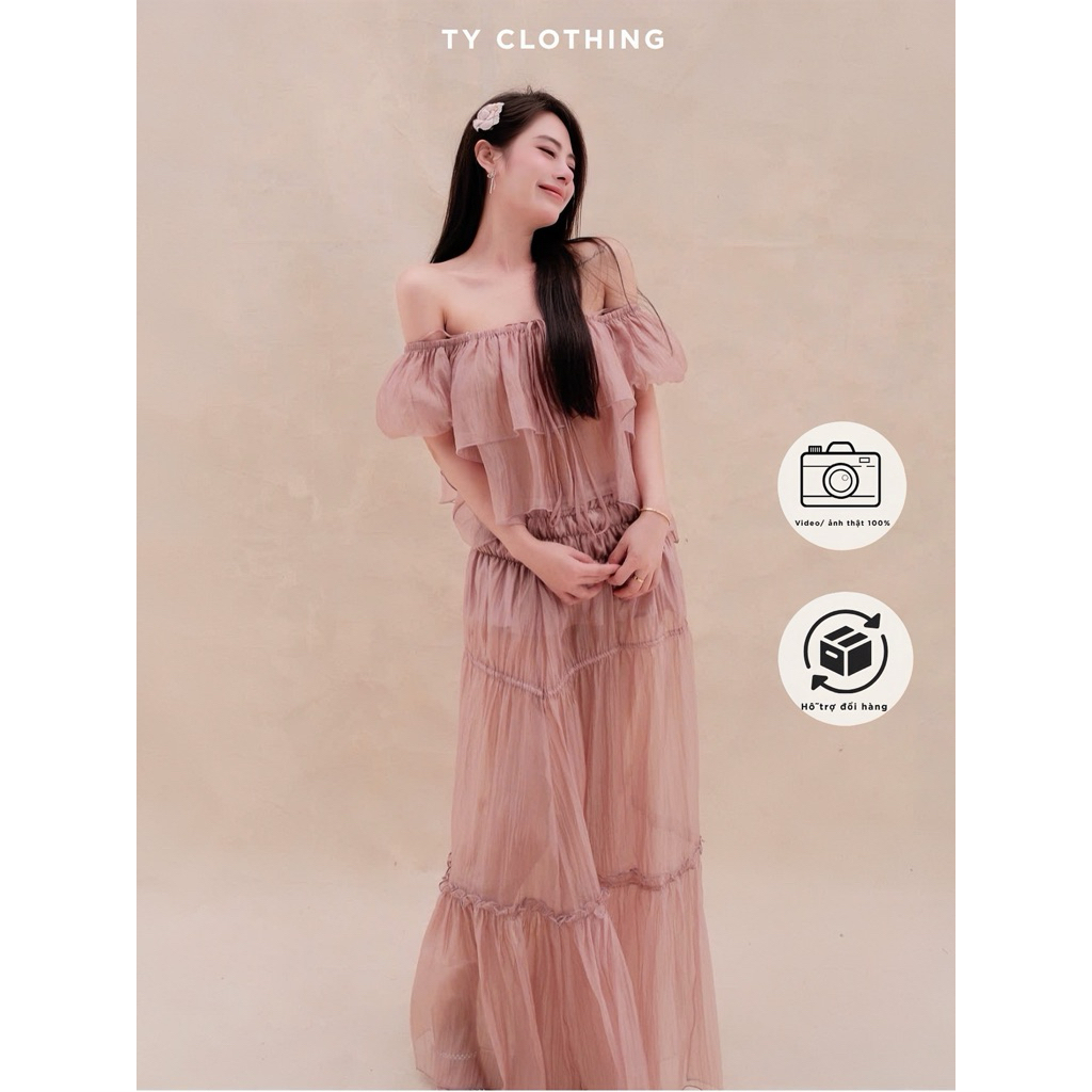 [ TYCLOTHING ] - Set Tơ Trễ Vai Dây Thắc Hồng - Hàng Thiết Kế - Màu Hồng