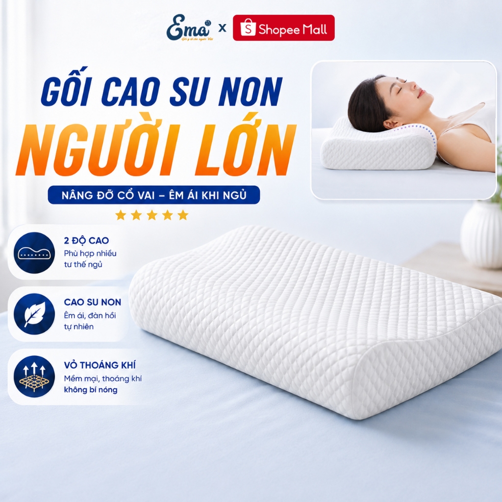 Gối Cao Su Non Người Lớn EMA - Gối Lượn Sóng Cao Su Non Đỡ Cổ 2 Độ Cao Có Khóa Kéo Tháo Giặt