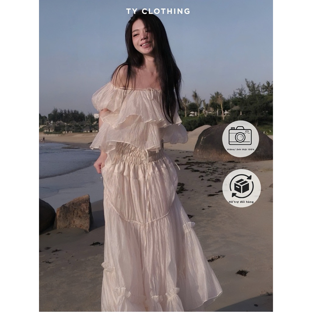 [ TY CLOTHING ] - Set Tơ Trễ Vai Dây Thắc Kem - Hàng Thiết Kế - Màu Kem