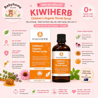 Siro ho khan, đau rát, viêm họng, cảm cúm Kiwiherb Children's Organic Throat Syrup cho bé từ 0 tháng -12 tuổi (100ml)