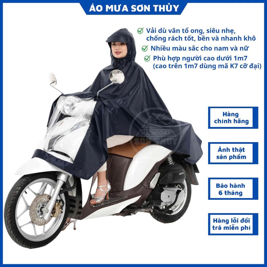(K7- chất tổ ong 1 mũ )Áo Mưa Choàng Sơn Thủy Vải Dù Polyester Vân Tổ Ong Áo Mưa Một Người Có Lỗ Xỏ Gương Chống Thấm