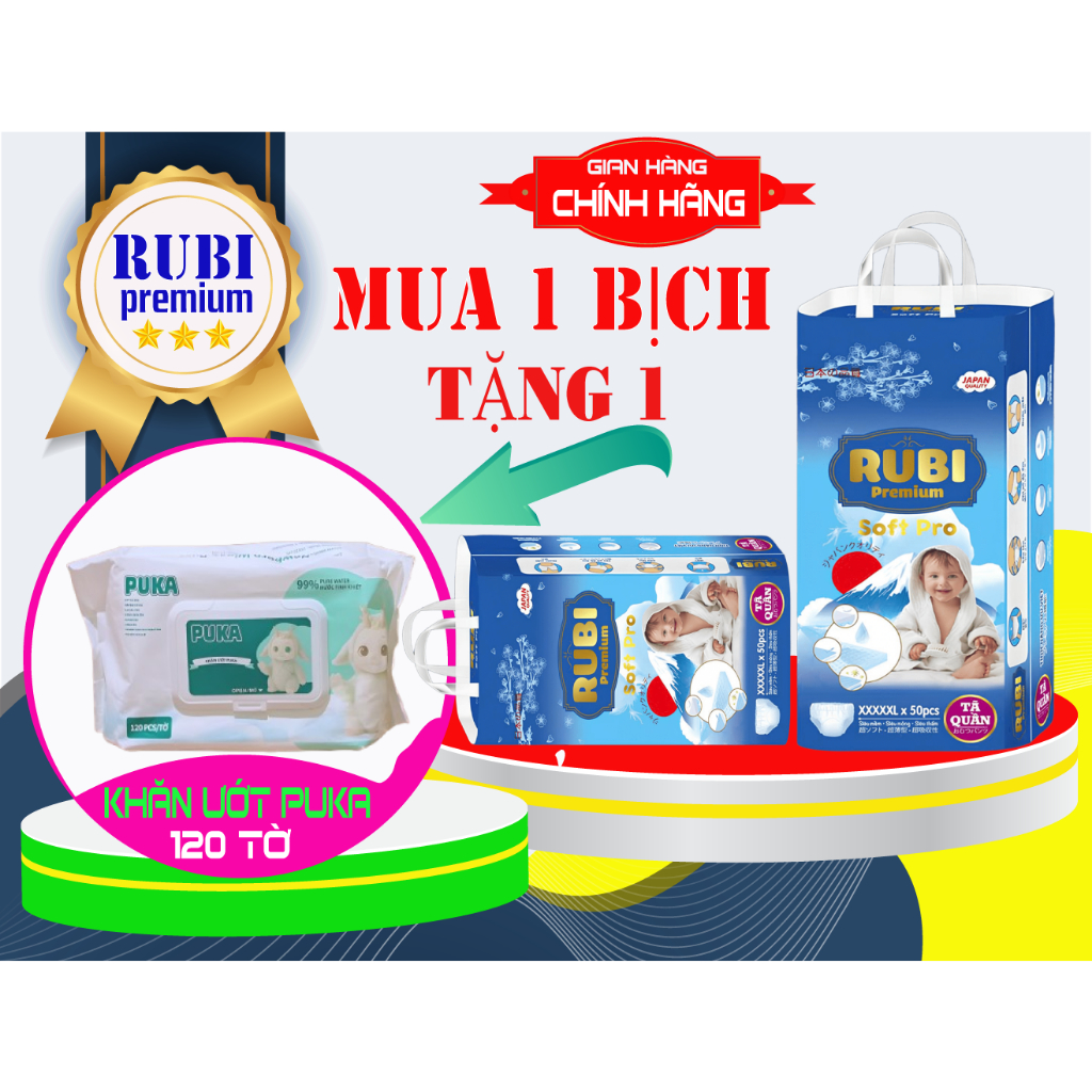 Tã Bỉm Quần Cho Bé Rubi Premium 50 miếng  Size XL - TẶNG 1 BỊCH KHĂN GIẤY 120 TỜ