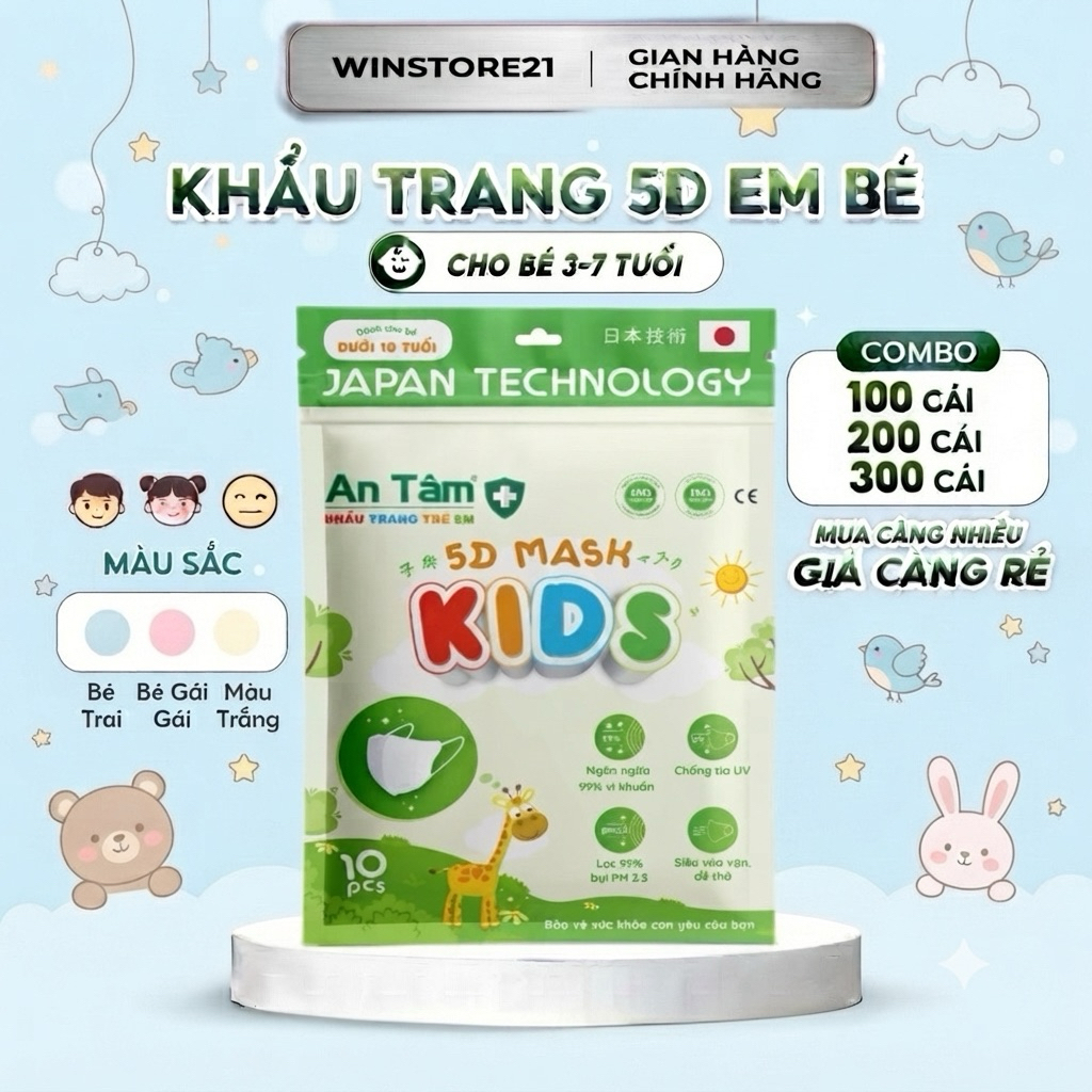 LIVE Khẩu trang 5D Kids An Tâm kháng khuẩn dày dặn nhiều họa tiết dễ thương bảo vệ tối ưu cho bé