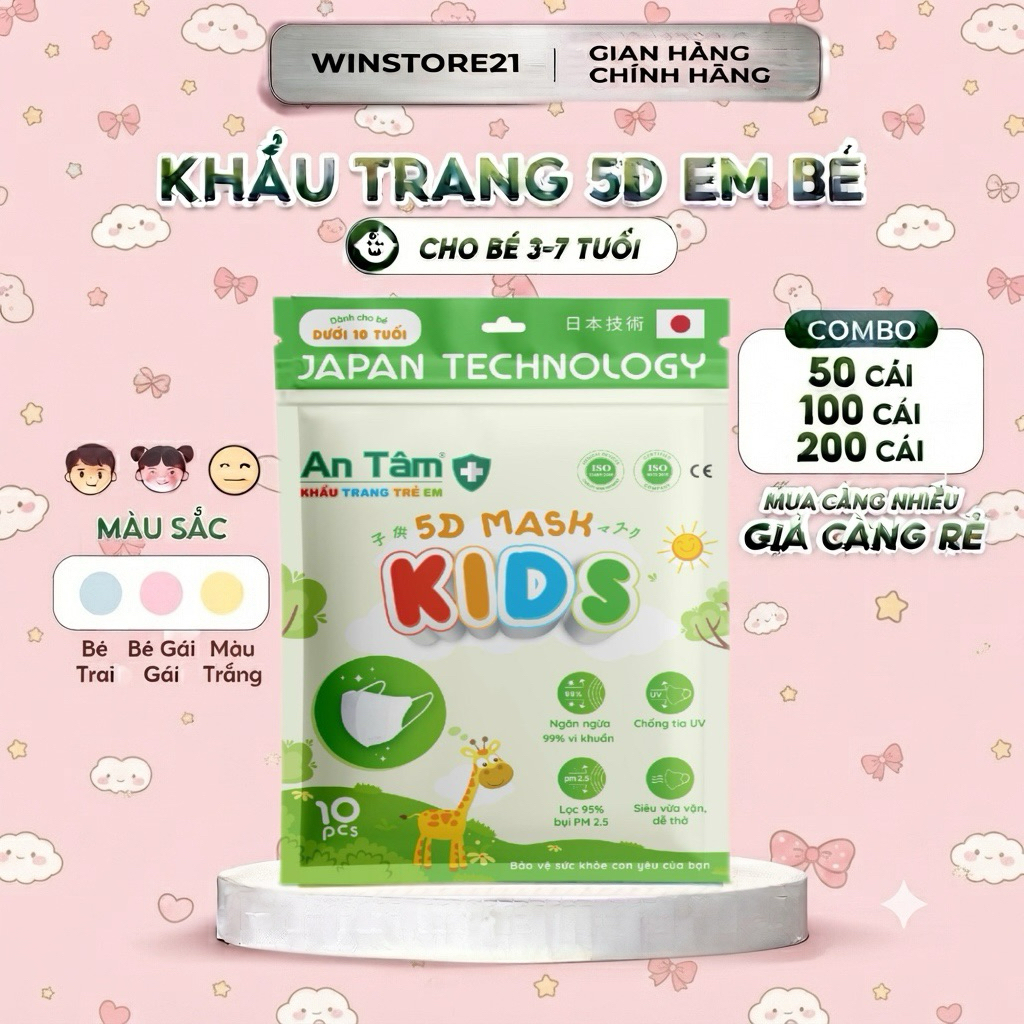 Khẩu Trang 5D Kid An Tâm kháng khuẩn dày dặn nhiều họa tiết dễ thương bảo vệ tối ưu cho bé
