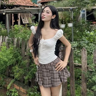 (HAVANA) Chân váy miniskirt kẻ nâu dáng xếp ly phối cúc hông #3725 CV545