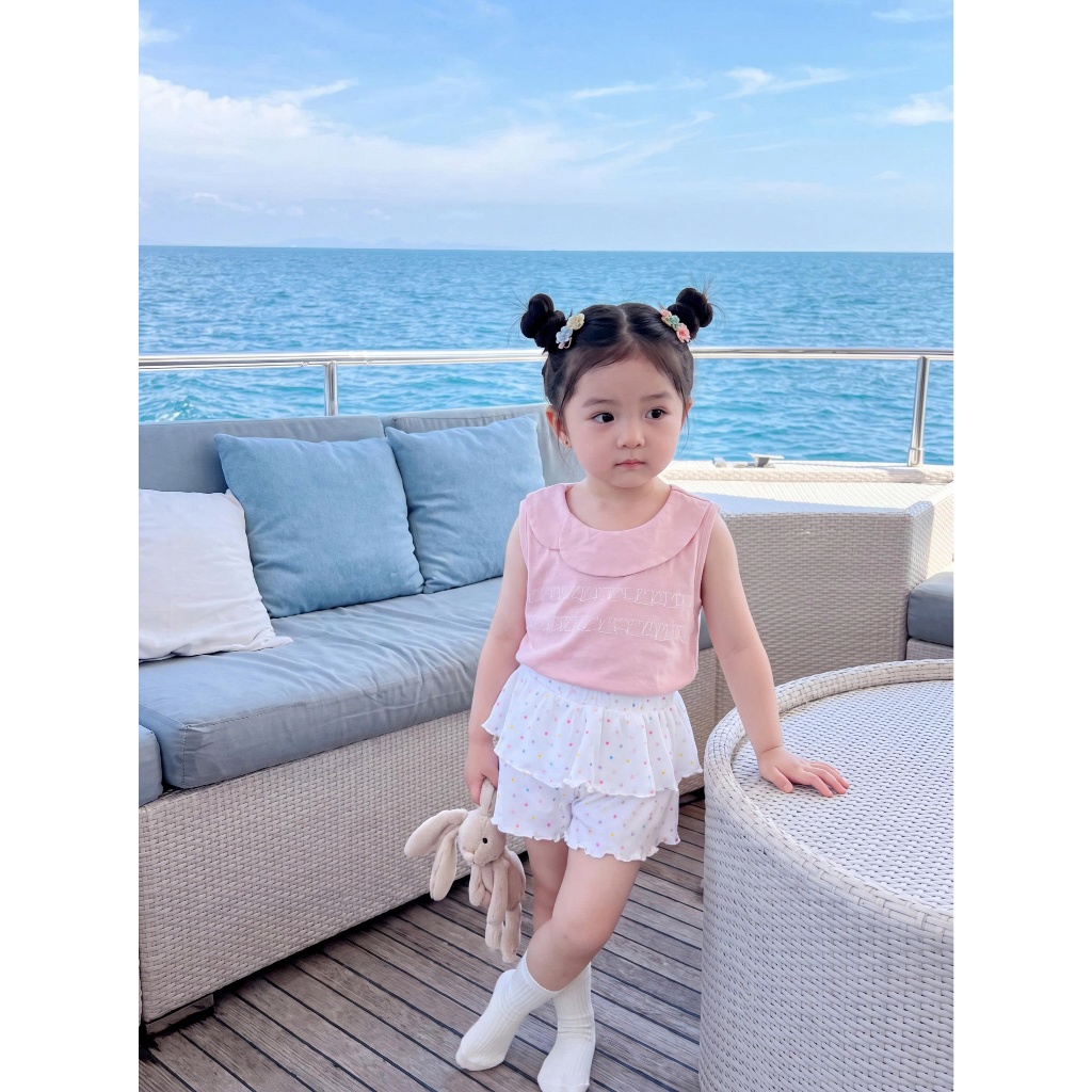 Set bộ cộc tay bé gái Miniumbaby cổ thuyền nơ viền mix quần váy bánh bèo, chất vải cotton mềm SB2764