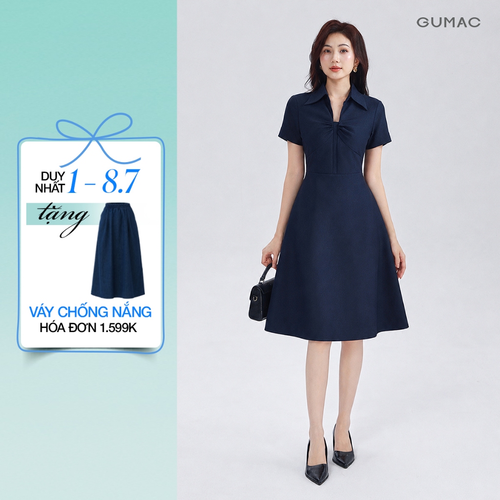 Đầm Nữ GUMAC Form A Cổ Tim Có Lá Cổ Sơ Mi Tay Ngắn Hai Lớp Có Hai Túi Sườn DF08037