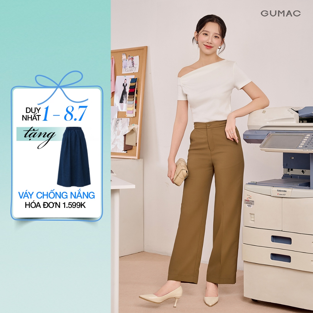 Quần tây nữ GUMAC ống suông đen nâu lưng phối dây khoen tôn dáng  QF08024