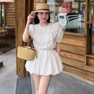 Set Bộ Nữ Tiểu Thư, Áo Tay Phồng Phối Ren Bèo Mix Quần Đùi Bí Dáng Bồng Hàn Quốc Siêu Xinh