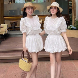 Set Bộ Nữ Tiểu Thư, Áo Tay Phồng Phối Ren Bèo Mix Quần Đùi Bí Dáng Bồng Hàn Quốc Siêu Xinh