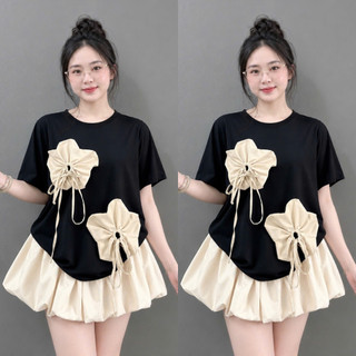 Set Áo Váy Bigsize Nữ Áo Thun Cổ Tròn Gắn Hoa Dễ Thương Phối Chân Váy Bí Xòe A292+CV413