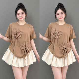 Set Đồ Bộ Bigsize Nữ Áo Thun Gắn Hoa Phối Chân Váy Ngắn Xinh Cho Chubby A292+CV413