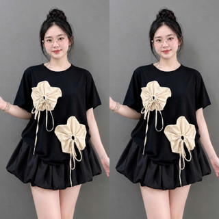 Set Áo Váy Bigsize Nữ Áo Thun Cổ Tròn Gắn Hoa Dễ Thương Phối Chân Váy Bí Xòe A292+CV413