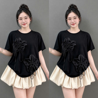 Set Áo Váy Bigsize Nữ Áo Thun Cổ Tròn Gắn Hoa Dễ Thương Phối Chân Váy Bí Xòe A292+CV413
