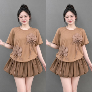 Set Áo Váy Bigsize Nữ Áo Thun Cổ Tròn Gắn Hoa Dễ Thương Phối Chân Váy Bí Xòe A292+CV413