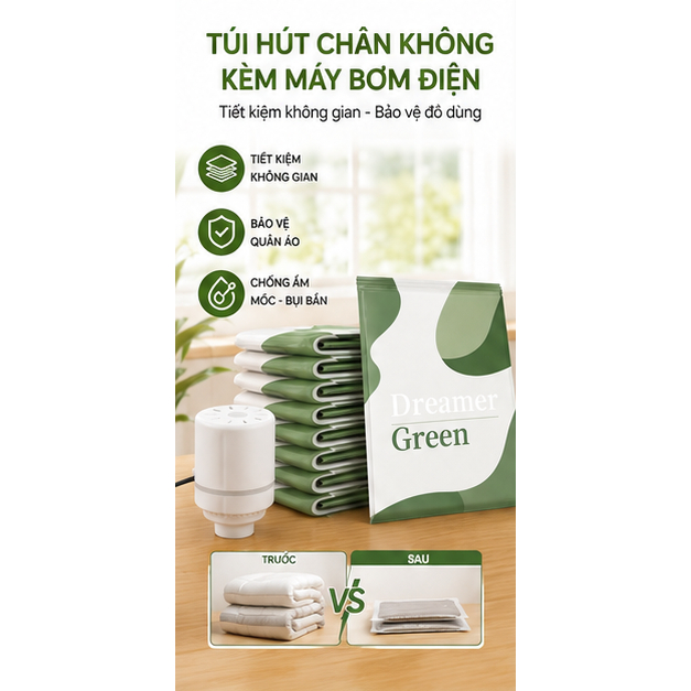 ✨Túi hút chân không Dreamer Green kèm máy bơm điện mini tiết kiệm 80% không gian chống ẩm đựng chăn ga quần áo mùa