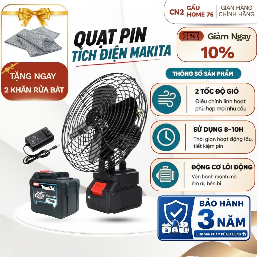 Quạt Tích Điện Lồng Sắt Pin Makita, Đế Pin 21V - 2 Mức Gió, Sử Dụng 4-8-12 Tiếng Siêu Hot 2026