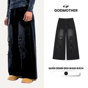 Quần Denim Wash Đen Ống Rộng Unisex Form Rộng Dáng Thụng GODMOTHER 2025