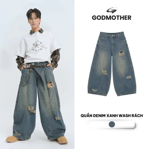 Quần Denim Wash Xanh Ống Rộng Unisex Form Rộng Dáng Thụng GODMOTHER 2025