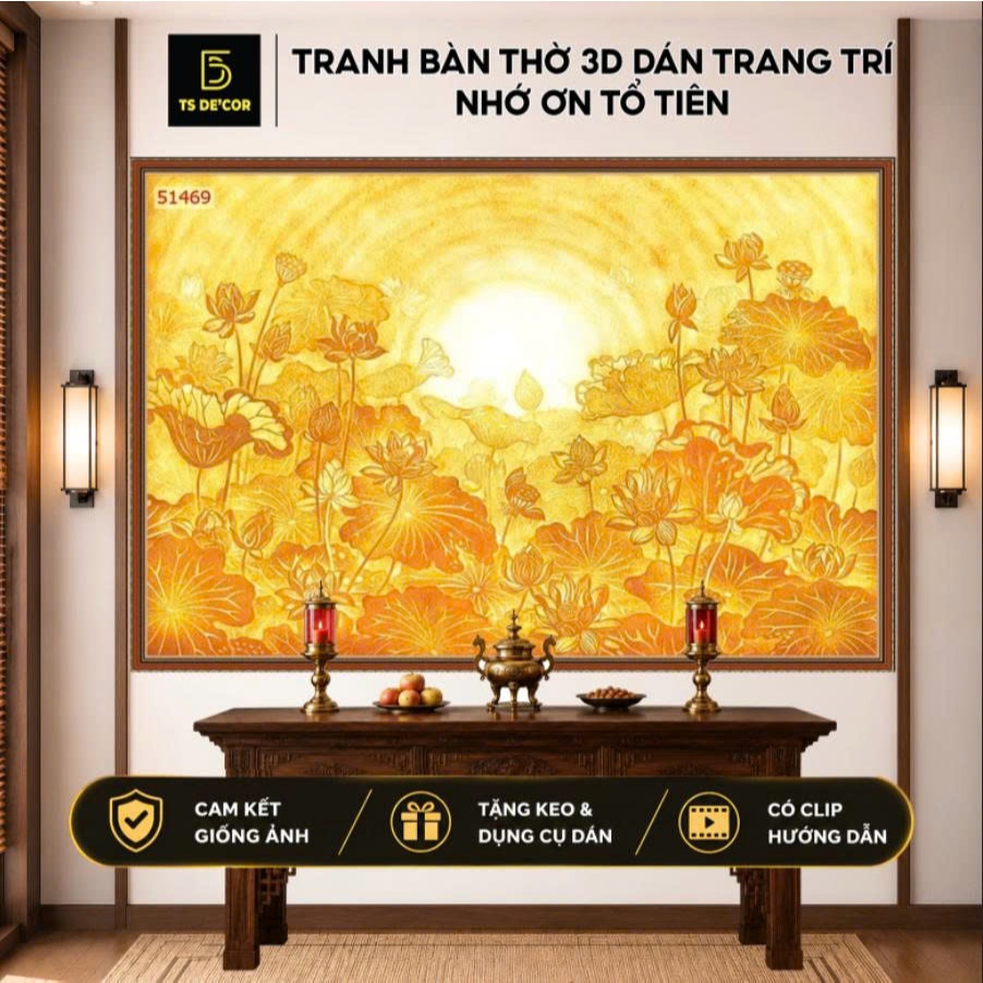 Tranh 3D dán tường Bàn thờ gia tiên hoa sen, trúc chỉ VẢI LỤA KIM SA, khổ lớn 2mx2m5 có tặng keo LL