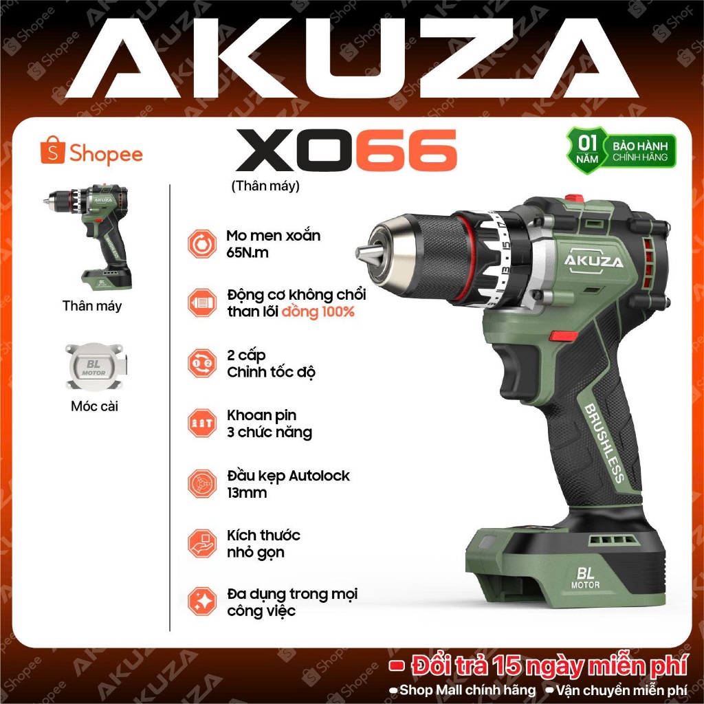 Thân máy khoan AKUZA X066,lực siết 65Nm, động cơ không chổi than, đầu kẹp 13mm chính hãng