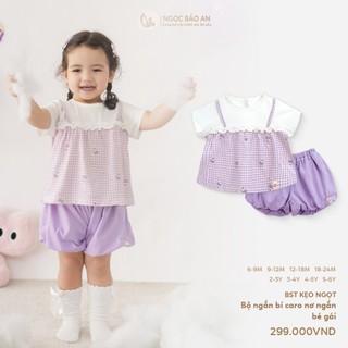 NBAN (6M-6Y) Bộ quần áo bé gái cộc tay Caro Nơ Tím thời trang bé gái cotton thoáng mát-CANDY5.25