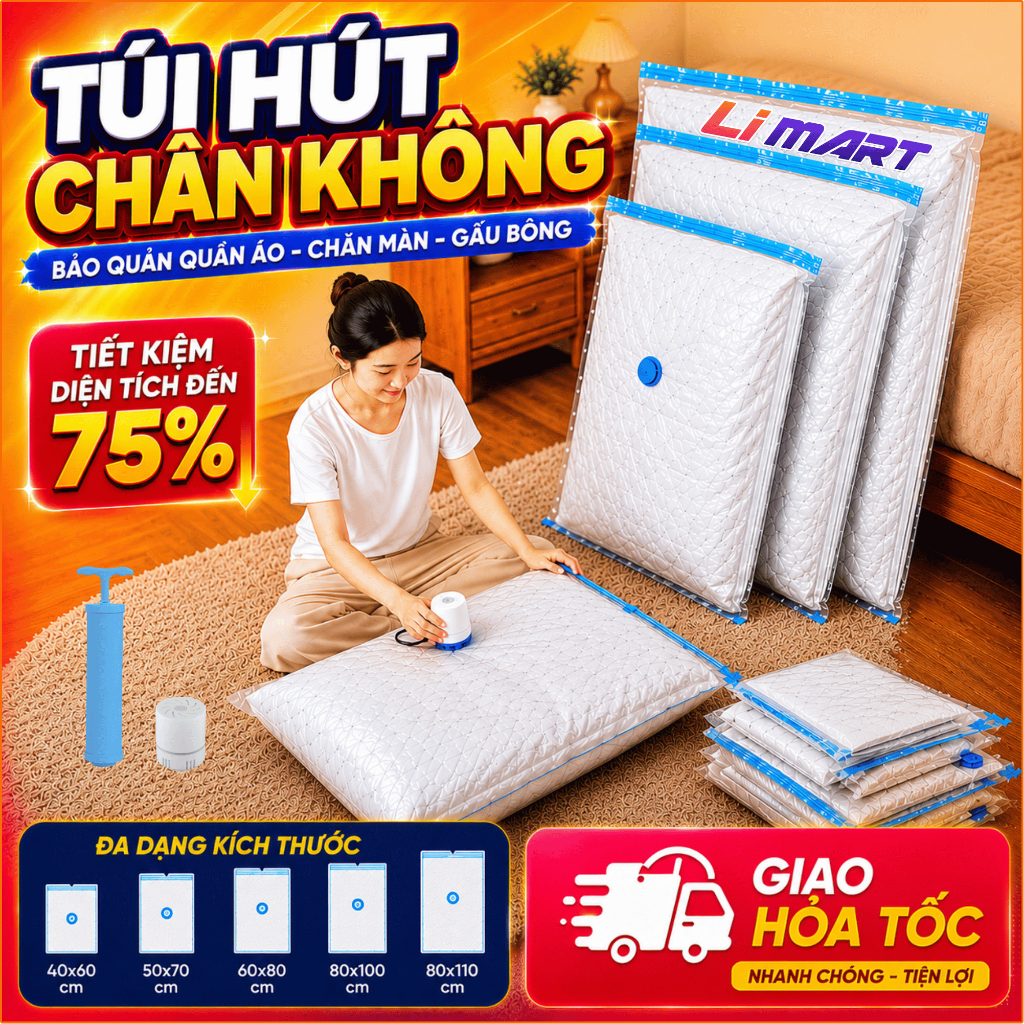 (TẶNG BƠM) Túi Hút Chân không đựng chăn màn quần áo nhỏ gọn tiện lợi tiết kiệm không gian tủ đồ.