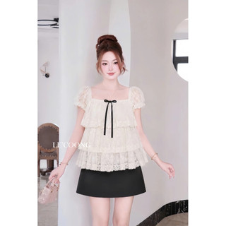 Áo babydoll  ren hoa đính nơ, áo kiểu nữ tầng bèo dáng xòe phong cách nhẹ nhàng dễ phối đồ mặc đi chơi _ Her Fashion