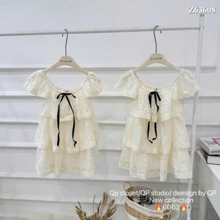 Áo babydoll  ren hoa đính nơ, áo kiểu nữ tầng bèo dáng xòe phong cách nhẹ nhàng dễ phối đồ mặc đi chơi _ Her Fashion