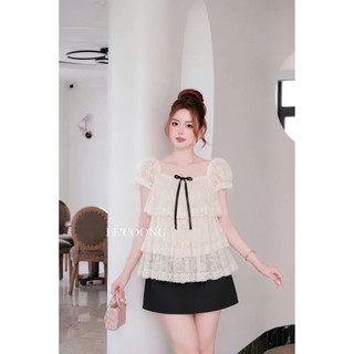 Áo babydoll  ren hoa đính nơ, áo kiểu nữ tầng bèo dáng xòe phong cách nhẹ nhàng dễ phối đồ mặc đi chơi _ Her Fashion