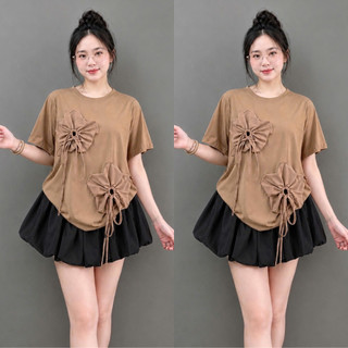 Set Áo Váy Bigsize Nữ Áo Thun Cổ Tròn Gắn Hoa Dễ Thương Phối Chân Váy Bí Xòe A292+CV413
