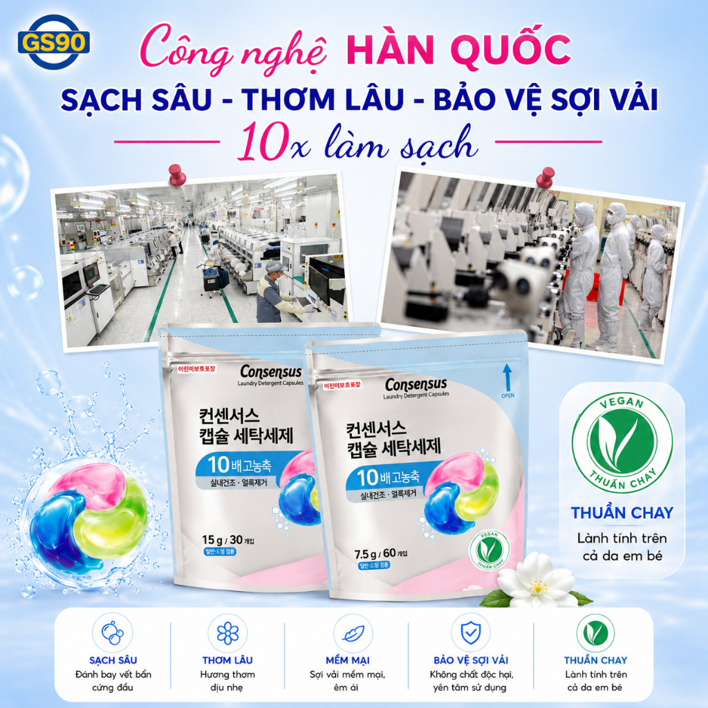 [DEAL ĐỘC QUYỀN] Combo Viên Giặt Hàn Quốc Wash Therapy 50 Viên + Consensus Thuần Chay 30/60 Viên Giặt Đồ Em Bé