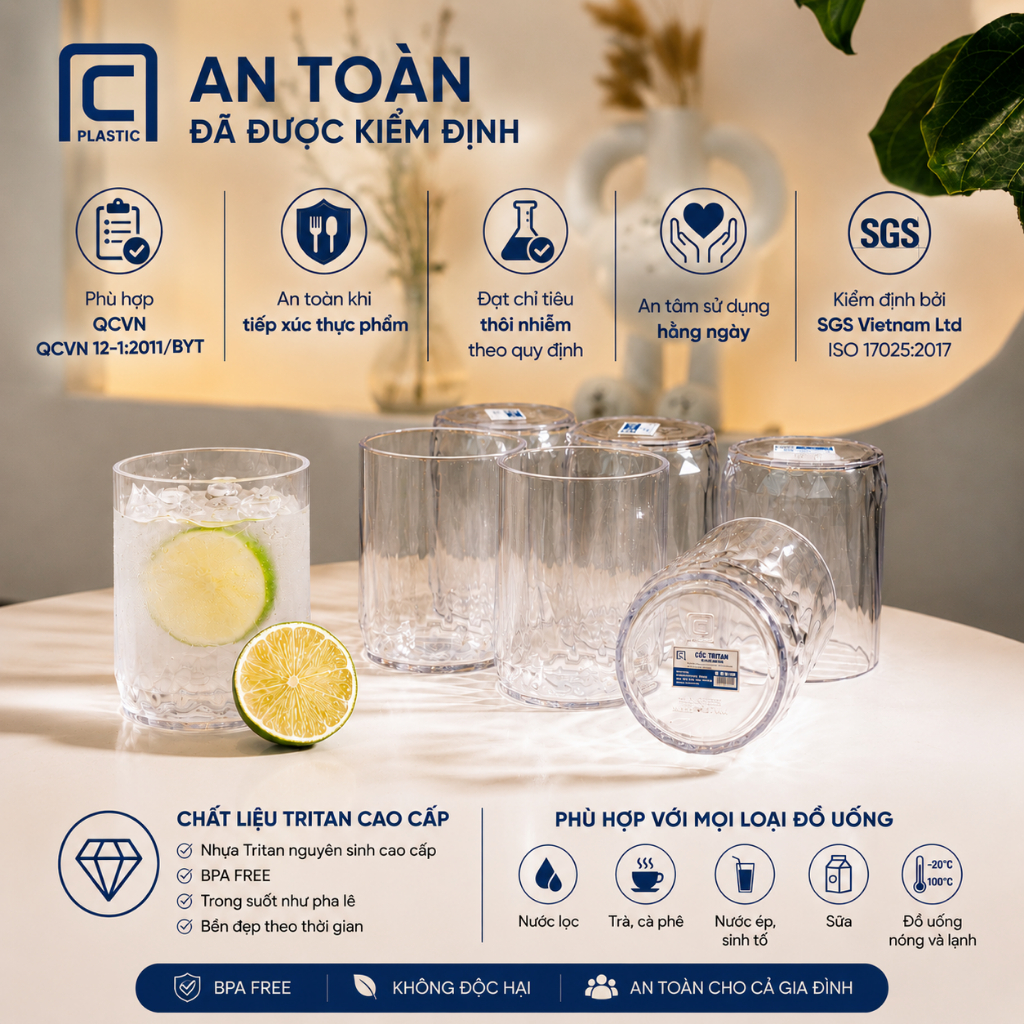Bộ 6 Cốc Tritan NC Plastic 280ml BPA Free - Đạt Kiểm Định SGS, QCVN 12-1:2011/BYT, Chịu Nhiệt 100°C