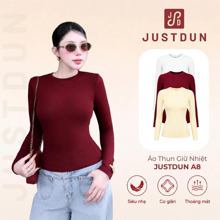 Áo Thun Giữ Nhiệt Nữ Dài Tay JUSTDUN A8 Cổ Tròn, Cotton Mịn Dày Dặn, Siêu Co Giãn Mềm Mại, Tôn Dáng,Giữ Nhiệt