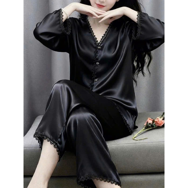Đồ bộ LUXURY PIJAMA lụa latin cao cấp, mềm mịn sang trọng tay dài trắng trơn TD028